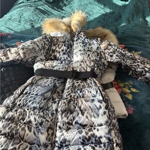 Dawn Levy Animal Print Puffer with Fur Trim